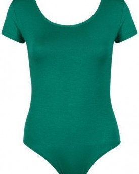 Womens-Plain-Short-Cap-Sleeve-Ladies-Popper-Stud-Fastening-Round-Scoop-Neckline-Stretch-Bodysuit-Leotard-T-Shirt-Top-Jade-Green-Size-8-10-0