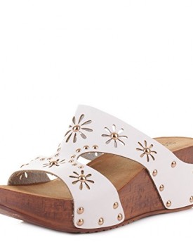 Womens-Slip-On-Mule-Low-Wedge-White-comfortable-Ladies-Studded-Sandals-Shoe-SIZE-6-0
