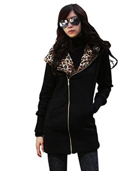 Womens-Spring-Autumn-Cotton-Blend-Plain-Hooded-Lapel-Zip-Up-Leopard-Jacket-Coat-L-Black-0