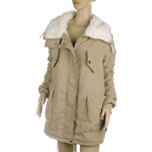 Womens Thicken Fleece Cotton Jacket Parka Long Warm Winter Coat Zip Up Outerwear Khaki 10-12 - Image 3