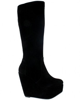 Womens-Wedge-Heel-Knee-High-Zip-Platform-Elasticated-Party-Evening-Boots-Black-6-0