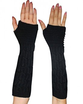 Womens-Winter-Long-Ribbed-Cable-Knit-Fingerless-Gloves-Hand-Warmers-one-size-Black-0