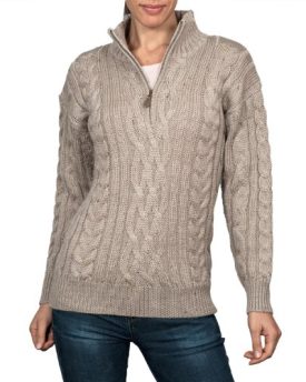 Wool-Overs-Womens-British-Wool-Aran-Cable-Zip-Neck-Jumper-Oatmeal-Nep-Large-0