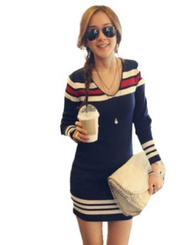 Zehui-Women-Stripe-Long-Sweater-Dress-Slim-V-Neck-Stretch-Knitwear-Pullover-Jumper-0