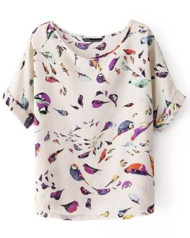 niceeshopTM-Women-Bird-Geometric-Print-Short-Sleeve-Chiffon-Tops-WhiteL-0