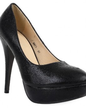 81Q-Womens-Black-Foil-Crackle-Ladies-Platform-High-Stiletto-Heel-Court-Shoes-Size-4-0