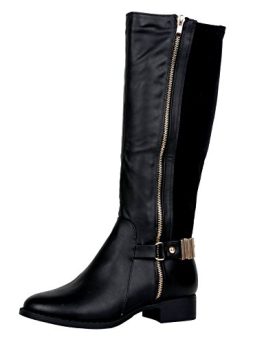 A7K-Women-Ladies-Knee-High-Wide-Fit-Low-Block-Heel-Zip-Up-Boot-Stretch-Shoe-Size-Blacks-Black-Size-8-UK-0