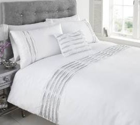 AUREA-DIAMANTE-RUFFLE-PLEATED-FAUX-SILK-SUPER-KING-DUVET-COVER-BEDDING-SET-WHITE-0