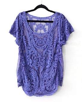 Amonfineshop-Womens-Floral-Semi-Sheer-Shirt-Sleeve-T-Shirt-Lace-Crochet-Top-Blouse-Blue-0