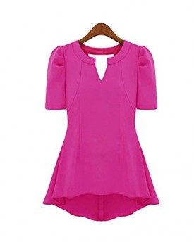 AtodoshopTM-1PC-Women-Peplum-Tops-Frill-Puff-Sleeve-Fitted-Shirt-Clubwear-Blouse-L-Hot-Pink-0