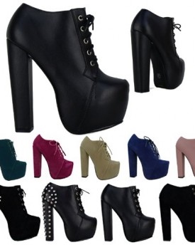 B3D-Womens-Block-High-Heels-Concealed-Platform-Lace-Up-Ladies-Ankle-Boots-Shoes-Black-Black-Matte-Studs-Size-6-UK-0