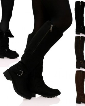 B4G-Womens-Ladies-Knee-High-Boots-Low-Flat-Heel-Zip-Up-Buckle-Detail-Shoes-Size-Blacks-Black-Matte-Size-6-UK-0