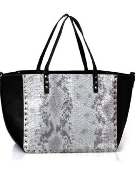 BMC-Gold-Color-Pyramid-Stud-Bordered-Faux-Leather-Light-Silver-Gray-Colored-Snakeskin-Design-Fashion-Tote-Purse-0