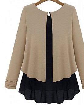 Bepei-Ladies-Womens-Contrast-2-in-1-Skirt-Petticoat-Long-Sleeves-Blouse-Tops-Pullover-Tunic-Shirts-Beige-M-0