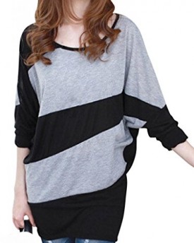 Bepei-Women-Batwing-Sleeve-Contrast-Wide-Stripes-T-shirt-Long-Blouse-Top-Black-XL-0