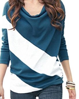 Bepei-Women-Contrast-Stitching-Wide-Stripes-Cowl-Neck-Long-Sleeves-Blouse-Top-Tee-Blue-M-0