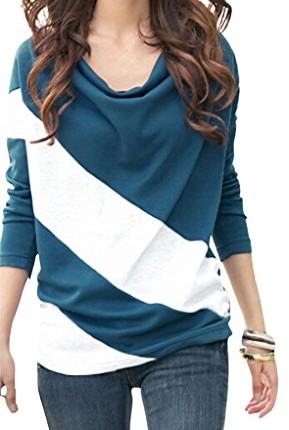 Bepei-Women-Contrast-Stitching-Wide-Stripes-Cowl-Neck-Long-Sleeves-Blouse-Top-Tee-Blue-M-0