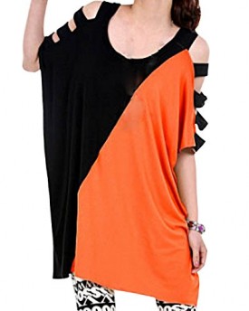 Bepei-Womens-Sexy-Cut-Out-Shoulder-Short-Sleeve-Stitching-Color-Loose-Batwing-Cotton-Tee-Shirt-Tops-Blouse-Orange-0