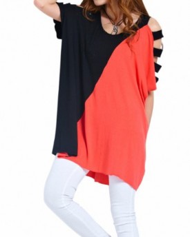 Bepei-Womens-Sexy-Cut-Out-Shoulder-Short-Sleeve-Stitching-Color-Loose-Batwing-Tee-Shirt-Tops-Blouse-RED-0