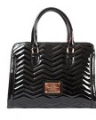 Black-Patent-Twin-Handled-Handbag-with-Chevron-Print-Top-Zip-by-Claudia-Canova-0