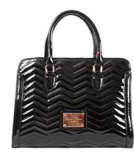 Black-Patent-Twin-Handled-Handbag-with-Chevron-Print-Top-Zip-by-Claudia-Canova-0