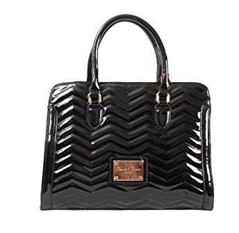Black-Patent-Twin-Handled-Handbag-with-Chevron-Print-Top-Zip-by-Claudia-Canova-0