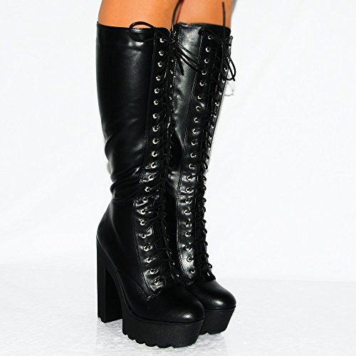 Black Pu Faux Leather Lace Up Block Chunky Platforms Knee High Boots ...