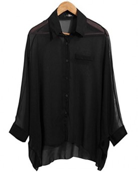 Black-Sexy-Womens-Batwing-Sleeve-Chiffon-Shirt-Asym-Hem-Sheer-Blouse-Oversized-Tops-0