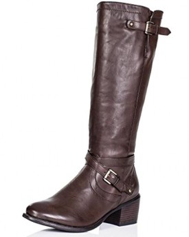 Block-Heel-Buckle-Zip-Knee-High-Boots-Brown-Synthetic-Leather-UK-5-0
