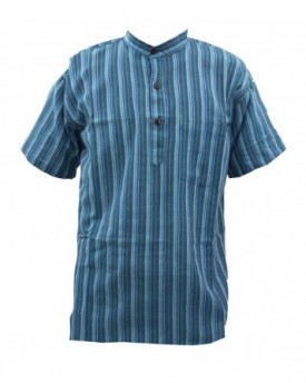 BlueTurquoise-Stonewashed-Striped-Short-Sleeved-Lightweight-Grandad-Shirt-Kurta-Large-0