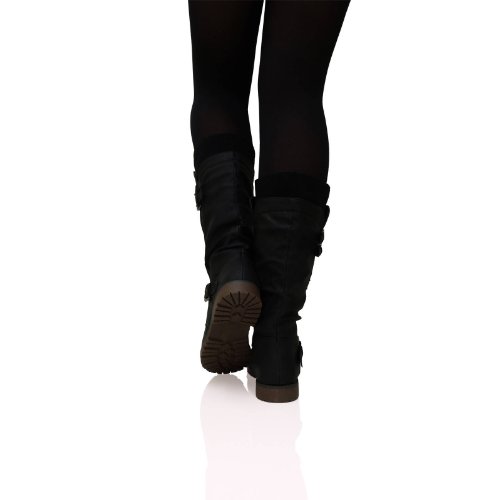 ByPublicDemand S2T Womens Sock Fashion Buckle Biker Trendy Flat Mid Calf Boots Black Size 4 UK - Image 4