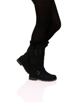ByPublicDemand-S2T-Womens-Sock-Fashion-Buckle-Biker-Trendy-Flat-Mid-Calf-Boots-Black-Size-4-UK-0