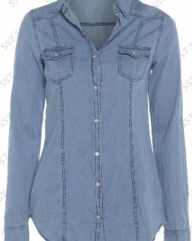 DENIM-SHIRT-NEW-Womens-Mid-Wash-Classic-Fitted-SHIRT-Size-8-10-12-14-UK-10-0