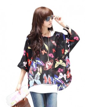 Demarkt-Womens-Scoop-Neck-34-Sleeves-Bohemian-Style-Loose-Shirt-Tops-Colourful-Butterfly-Print-Chiffon-T-Shirt-Black-Size-L-0