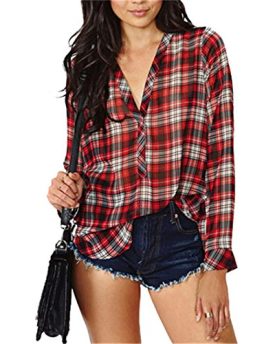 Dylon-V-Neck-Long-Sleeves-Loose-Casual-Design-Checks-Plaid-Tops-Blouses-Shirt-0