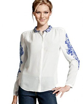 Etosell-Lady-Retro-Blue-And-White-Porcelain-Print-Chiffon-Shirt-Blouses-Tops-M-0