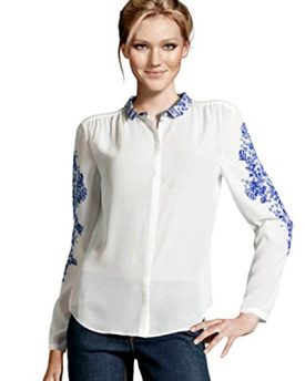 Etosell-Lady-Retro-Blue-And-White-Porcelain-Print-Chiffon-Shirt-Blouses-Tops-M-0