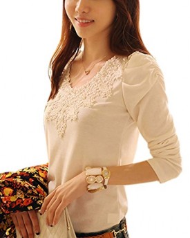 Etosell-Womens-Lace-Floral-Crew-Neck-T-shirt-Korean-Long-Sleeve-Slim-Blouse-Basic-Top-White-M-0