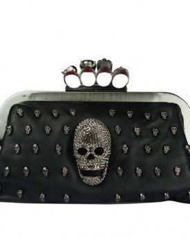 Feishanglige-Women-Evening-Clutch-Bag-with-Black-Satin-Skull-Ring-Knuckle-Duster-Four-Rings-Party-Night-Club-Bag-F022200037-0