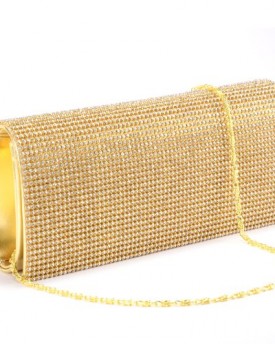 Fold-Over-PU-Leather-Gloden-Chain-Clutch-W-Crystals-Embedded-In-Golden-Metal-Mesh-0