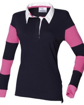 Front-Row-WomensLadies-Striped-Sleeve-Sports-Rugby-Polo-Shirt-L-NavyNavyBright-Pink-0