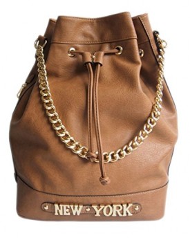 Girly-HandBags-New-Faux-Leather-Backpack-Shoulder-Bag-Drawstring-New-York-Gold-Chain-Tan-0