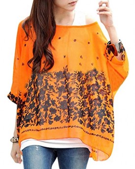 Hee-Grand-Womens-Batwing-Sleeve-Flower-Print-Semi-Sheer-Chiffon-Oversize-Blouse-Orange-0