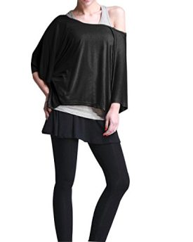 ISASSY-Womens-2-in-1-Style-New-Hot-Loose-Batwing-Tops-Blouses-T-shirt-Fit-UK-Size-10-16-Racer-Back-Tank-Top-Vest-Batwing-Style-Short-Sleeves-Loose-Style-Black-XXL-UK16-EU44-0