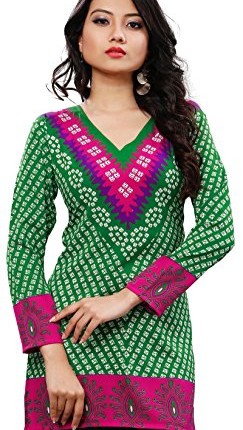 India-Long-Tunic-Top-Kurti-Womens-Printed-Indian-Apparel-Green-S-0