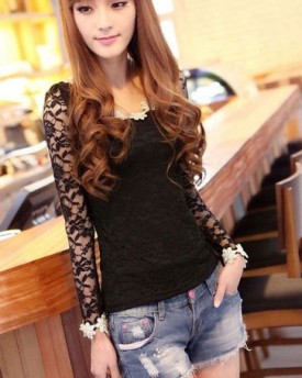 Korean-Fashion-Round-Collar-Lace-Long-Sleeve-Womens-Sweet-T-Shirt-Blouses-Black-UK10-0