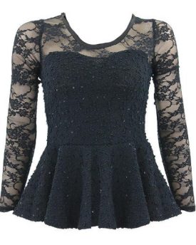 LADIES-SEQUIN-LACE-FLORAL-MESH-PEPLUM-FRILL-BODYCON-SMART-TOPS-LONG-SLEEVED-TOP-BLOUSE-WOMEN-DRESS-SM-BLACK-0