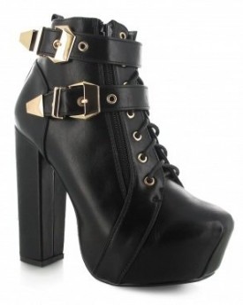 LADIES-WOMEN-GIRLS-HIGH-HEELS-COVERED-PLATFORM-ANKLE-BOOT-LACE-UP-DOUBLE-GOLD-BUCKLE-SIZE-3-4-5-6-7-8-4-Black-0