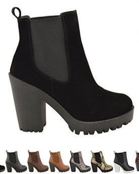 LADIES-WOMENS-CASUAL-ELASTICATED-HIGH-MID-BLOCK-HEEL-ANKLE-BOOTS-SHOES-SIZE-UK-6-EU-39-US-8-Black-Suede-0