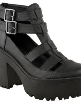 LADIES-WOMENS-CHUNKY-CLEATED-SOLE-HIGH-HEEL-PLATFORM-CUT-OUT-BOOTS-SHOES-SIZE-UK-7-Black-Faux-Leather-0